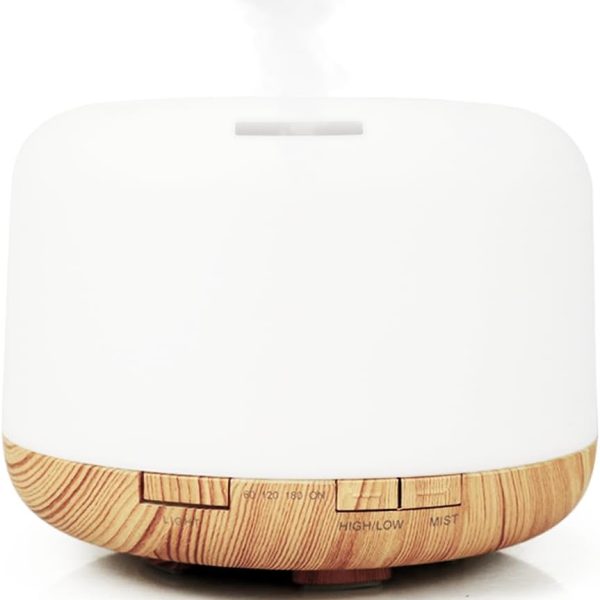 500ml Premium Essential Oil Diffuser,Quiet 4-in-1 Ultrasonic Aromatherapy Humidifier,7 Color LED Lights,with Adjustable Automatic Timer Off Function and Spray Mode. (Light Woodgrain)