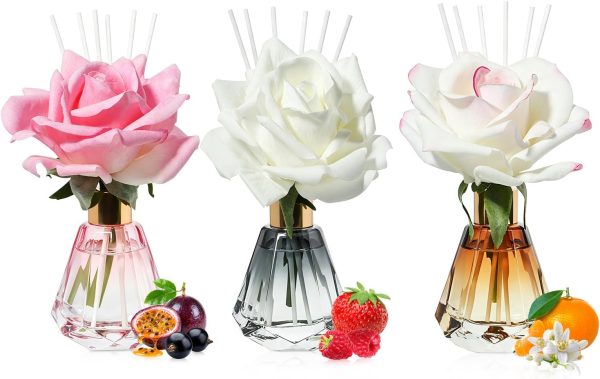 3-Bottle Reed Diffuser Set (60ml Each) — Includes Three Fragrances: "Crystal Love," "My Paris," and "Water of Freedom"; Long-Lasting Home Fragrance Oils; Comes with 18 White Fiber Reeds and Real Preserved Floral Accents; Perfect as an Air Freshener for Bedrooms and Bathrooms.