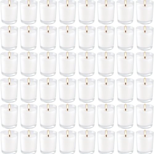 48-Pack White, Unscented Votive Candles in Clear Glass Holders. Hand-poured candles—ideal gifts for aromatherapy, spa sessions, weddings, birthdays, holidays, and parties (White).