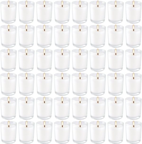 48-Pack White, Unscented Votive Candles in Clear Glass Holders. Hand-poured candles—ideal gifts for aromatherapy, spa sessions, weddings, birthdays, holidays, and parties (White).