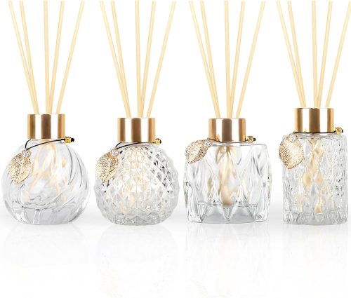 4-Piece Reed Diffuser Set (with Gold Metal Accents) — Includes 3.5–4.2oz Empty Bottles and 20 Reeds; Features a Unique Design Ideal for Home and Office Decor (Includes 4 Different Bottle Shapes)