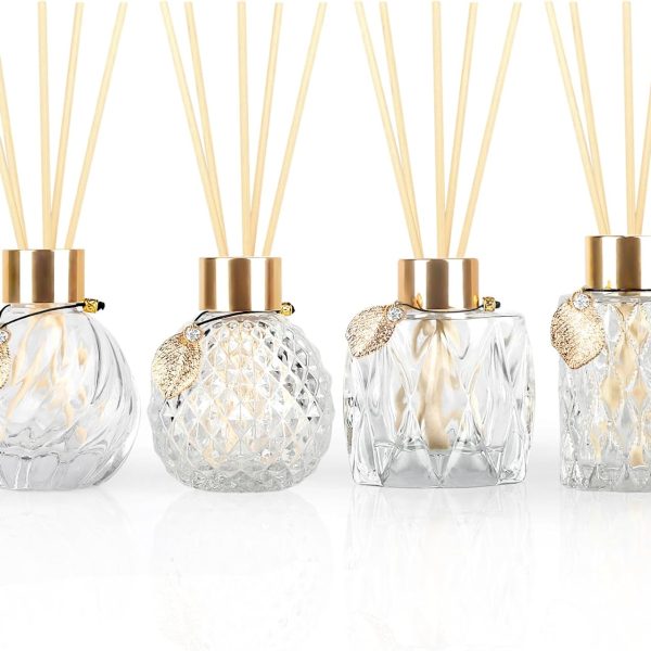4-Piece Reed Diffuser Set (with Gold Metal Accents) — Includes 3.5–4.2oz Empty Bottles and 20 Reeds; Features a Unique Design Ideal for Home and Office Decor (Includes 4 Different Bottle Shapes)