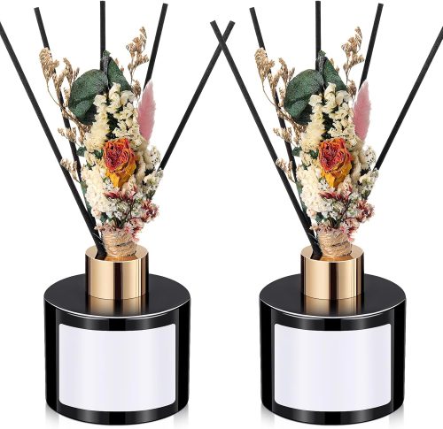 Set of 2 Reed Diffuser Kits — Featuring Floral-Shaped Diffuser Reeds; Includes Two 5 oz. Empty Glass Diffuser Bottles (for Refills); Ideal for Home & Bathroom Fragrance and Gifting; Essential Oils Not Included (Black Edition).