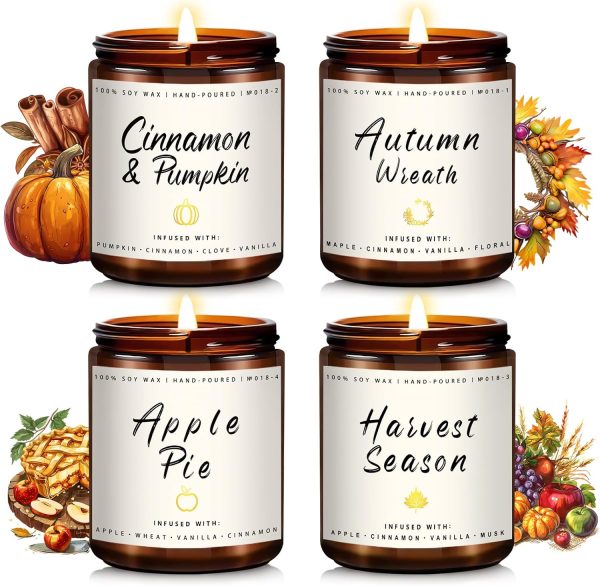 Autumn Candle Set | 4-Pack Home Fragrance Candles — A perfect candle gift for both men and women; made with soy wax to create a delightful home ambiance | Autumn Fragrance Series: Apple Pie / Cinnamon / Harvest / Wreath Scents.