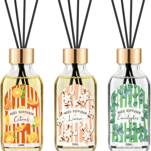 3-Piece Reed Diffuser Set — Linen, Eucalyptus, and Citrus Scented Essential Oil Diffusers (Includes 15 Reeds); A Top Choice for Home, Bathroom, and Office Decor; Each Bottle is 1.7 fl oz (Total Capacity: 5.1 fl oz) oz