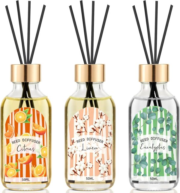 3-Piece Reed Diffuser Set — Linen, Eucalyptus, and Citrus Scented Essential Oil Diffusers (Includes 15 Reeds); A Top Choice for Home, Bathroom, and Office Decor; Each Bottle is 1.7 fl oz (Total Capacity: 5.1 fl oz) oz