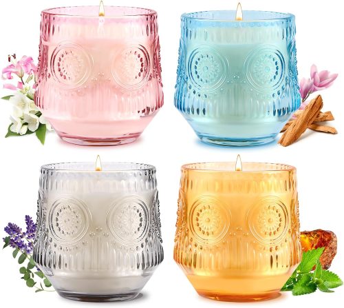 Home Scented Candle Set (4-Pack) | Luxury Scented Gift Set for Women | Crafted from Natural Soy Wax | Includes Four Fragrances: Jasmine & Lily, Lavender & Eucalyptus, Sandalwood, and Patchouli
