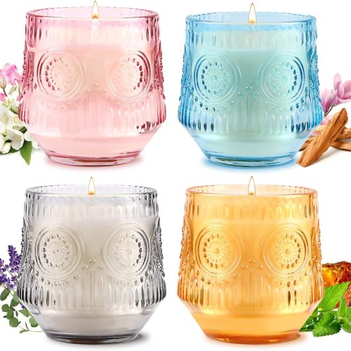 Home Scented Candle Set (4-Pack) | Luxury Scented Gift Set for Women | Crafted from Natural Soy Wax | Includes Four Fragrances: Jasmine & Lily, Lavender & Eucalyptus, Sandalwood, and Patchouli