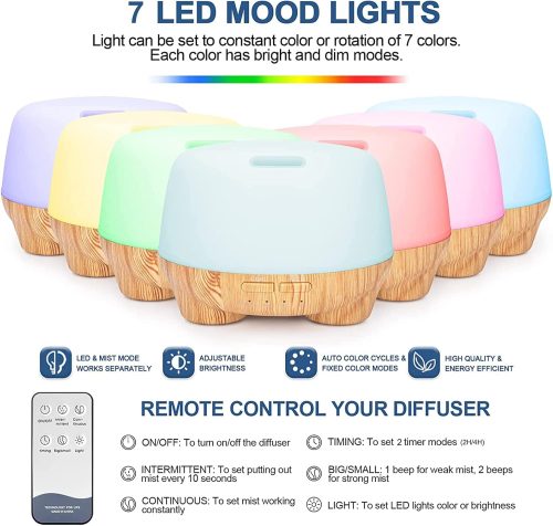 500ML Aromatherapy Essential Oil Diffusers,Ultrasonic Cool Mist Aroma Diffuser Air Humidifier with Remote Control,7LED Light,4 Timer for Large Room, Home, Bedroom