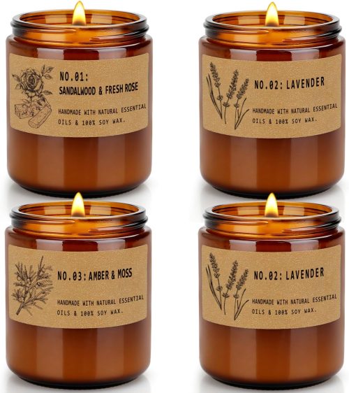 Home Fragrance Candle 4-Piece Set (Total Weight: 28 oz) — A top gift choice for women; large soy wax scented candles featuring Lavender, Fresh Rose, Long-Lasting Aroma, and Amber scents. Suitable for both men and women—perfect as Christmas, Birthday, or Thanksgiving gifts.