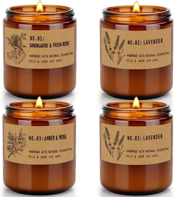 Home Fragrance Candle 4-Piece Set (Total Weight: 28 oz) — A top gift choice for women; large soy wax scented candles featuring Lavender, Fresh Rose, Long-Lasting Aroma, and Amber scents. Suitable for both men and women—perfect as Christmas, Birthday, or Thanksgiving gifts.