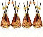 Set of 4 Empty Glass Diffuser Bottles – Refillable Diffuser Kit featuring a Diamond-Cut Design; Includes 20 Reed Sticks, 12 Wooden Beads, and 4 Metal Leaf Ornaments; 60ml Capacity, Gradient Brown Finish.