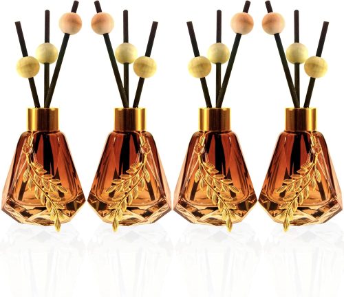 Set of 4 Empty Glass Diffuser Bottles – Refillable Diffuser Kit featuring a Diamond-Cut Design; Includes 20 Reed Sticks, 12 Wooden Beads, and 4 Metal Leaf Ornaments; 60ml Capacity, Gradient Brown Finish.
