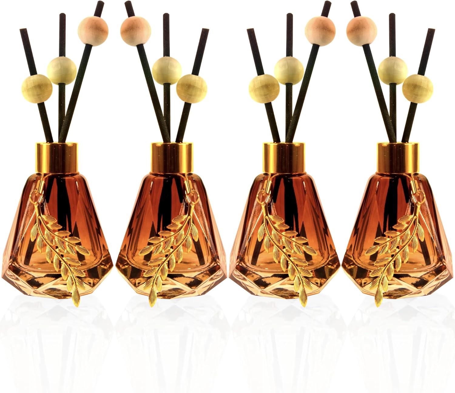 Set of 4 Empty Glass Diffuser Bottles – Refillable Diffuser Kit featuring a Diamond-Cut Design; Includes 20 Reed Sticks, 12 Wooden Beads, and 4 Metal Leaf Ornaments; 60ml Capacity, Gradient Brown Finish.
