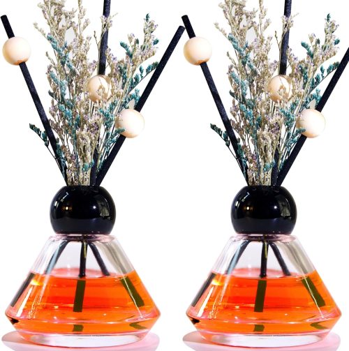Set of 2 Empty Glass Diffuser Bottles – Refillable Decorative Bottle Kit featuring a Vintage Diamond-Cut Style; Includes 20 Reed Sticks, 10 Wooden Beads, and Dried Flower Ornaments; 100ml Capacity (2-Bottle Pack).
