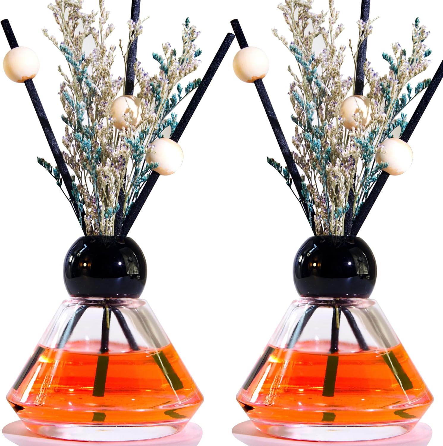 Set of 2 Empty Glass Diffuser Bottles – Refillable Decorative Bottle Kit featuring a Vintage Diamond-Cut Style; Includes 20 Reed Sticks, 10 Wooden Beads, and Dried Flower Ornaments; 100ml Capacity (2-Bottle Pack).