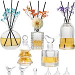 Gift Set: 5-Piece Glass Diffuser Bottle Collection – Clear, Empty Bottles that Double as Decorative Vases; Includes an Abundance of Reed Sticks; Perfect for DIY Perfumes & Aromatherapy Blends; Ideal for Home & Office Desktop Decor, Weddings, and Gifts for Women.