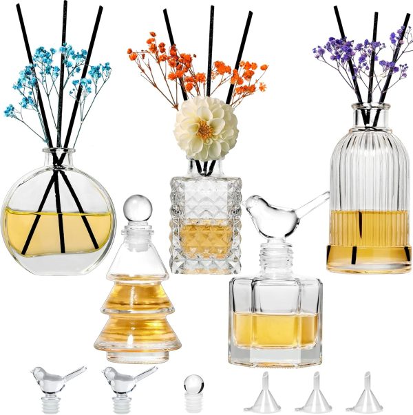 Gift Set: 5-Piece Glass Diffuser Bottle Collection – Clear, Empty Bottles that Double as Decorative Vases; Includes an Abundance of Reed Sticks; Perfect for DIY Perfumes & Aromatherapy Blends; Ideal for Home & Office Desktop Decor, Weddings, and Gifts for Women.