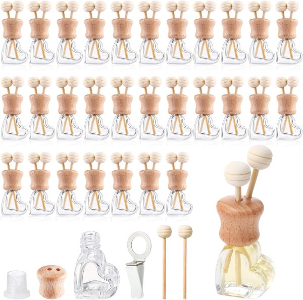 30 Pack Car Air Freshener Diffuser with Vent Clip Empty Car Diffuser Bottles for Essential Oil Perfume Glass Bottle with Wooden Caps Stick(Heart)