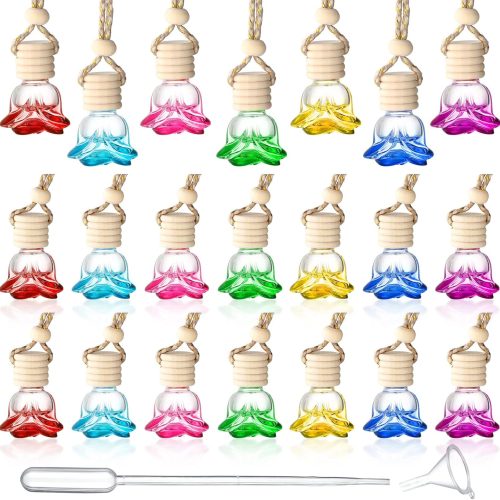 20 Pcs Car Essential Oil Diffuser Hanging Bottle Air Freshener Car Perfume Diffuser Empty Glass Bottle Refillable Aromatherapy Fragrance Bottle Pendant Auto Interior Ornament (Rose Style)