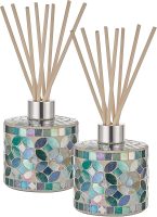 7.3oz Decorative Vertical Mosaic Glass Diffuser Set (2-Pack) — Features Silver Caps and 16 Natural Reeds; An Ideal Choice for Home Aromatherapy, Bathroom Decor, and Space Accents (Blue)